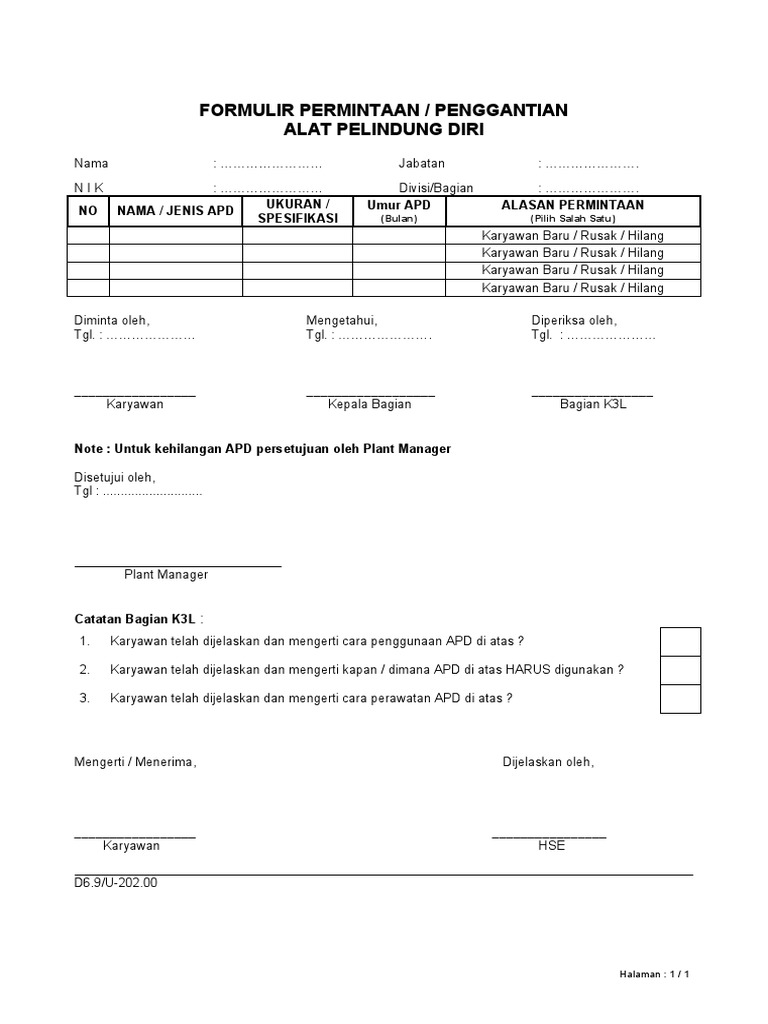 Formulir Pengajuan APD Karyawan | PDF