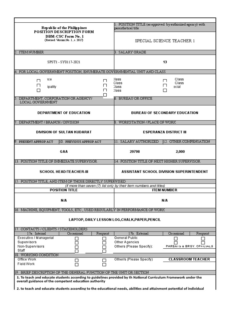 Form 1 Position Description PDF Teachers