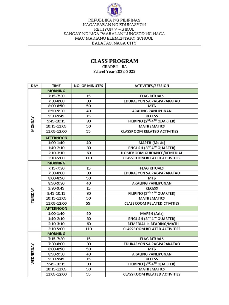 CLASS PROGRAM Grade 1 NEW | PDF | Educational Institutions | Schools