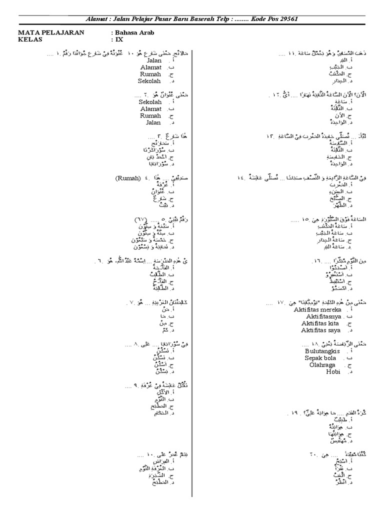 Soal Bahasa Arab Kelas IX | PDF