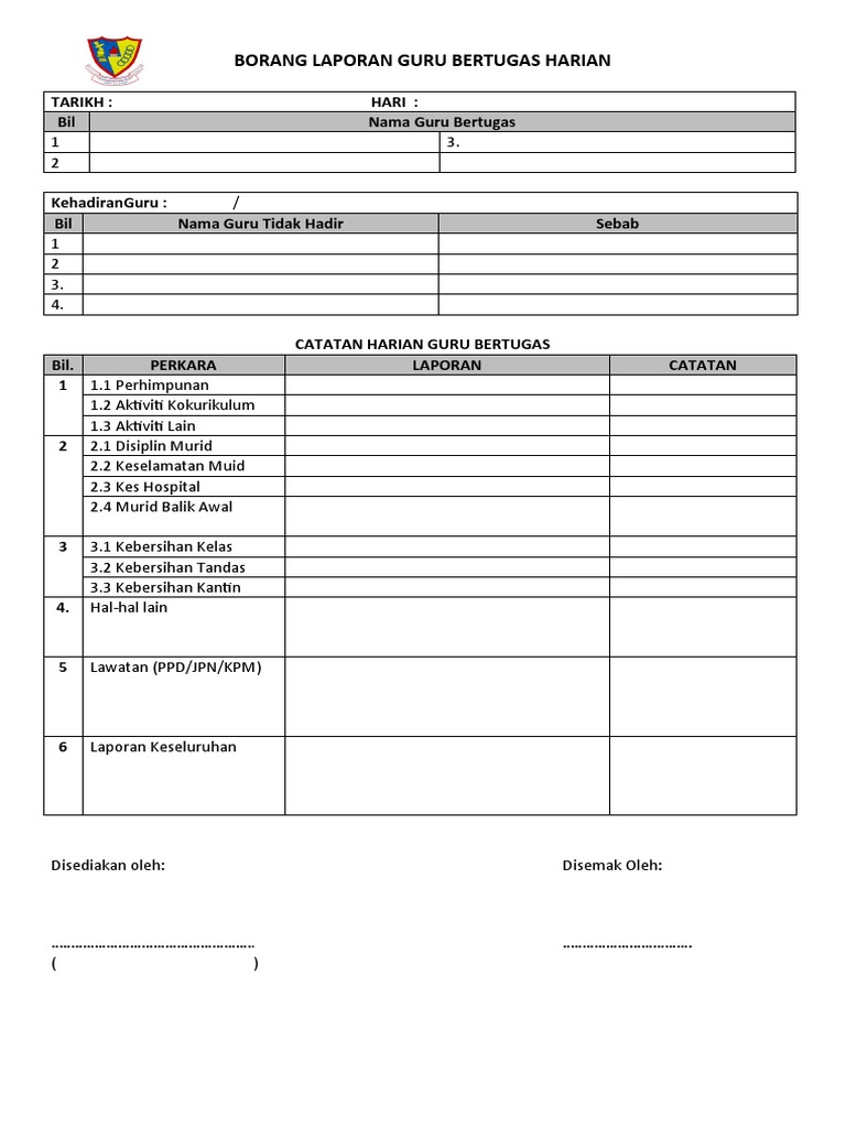 Borang Laporan Guru Bertugas Harian Pdf