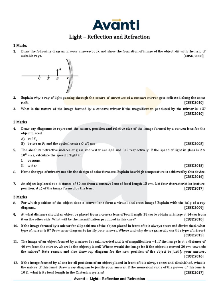 Class 10 Light Reflection & Refraction PYQs | PDF | Mirror | Materials ...