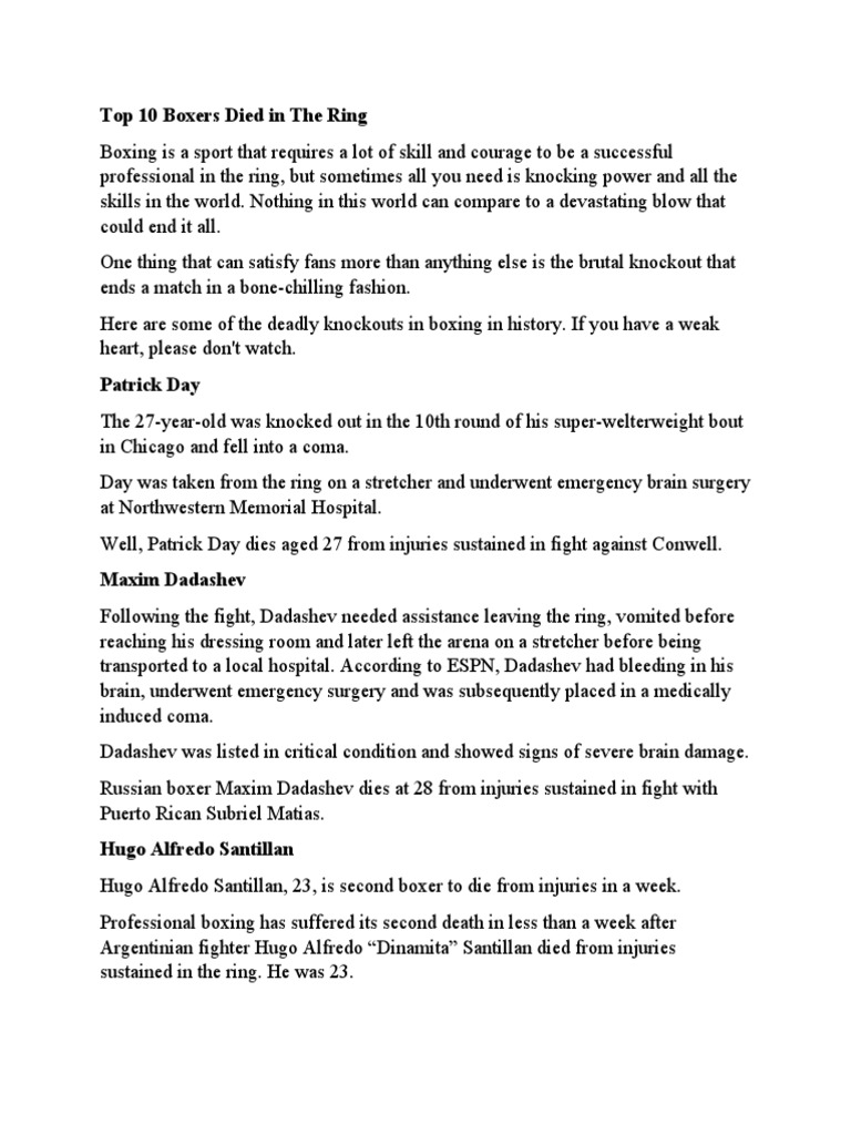 Top 10 Boxers Died in The Ring PDF Combat Sports Indoor Sports