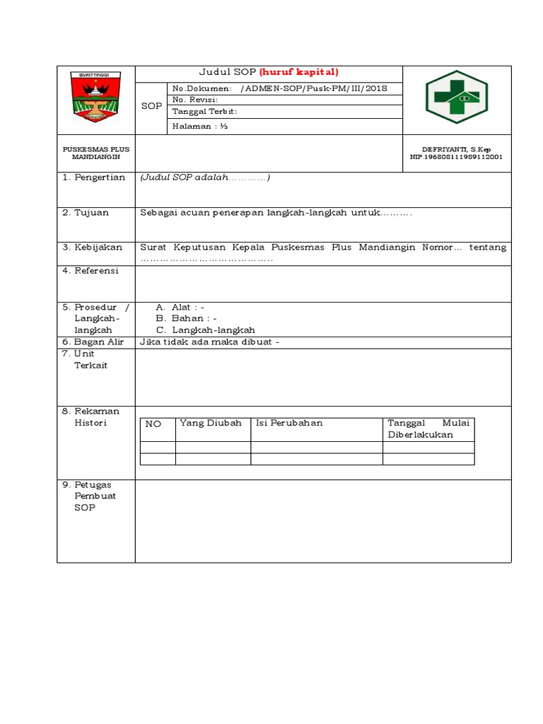 Contoh SOP Puskesmas Plus Mandiangin | PDF
