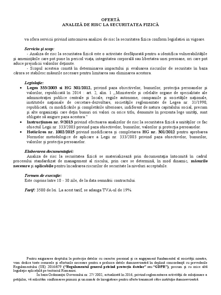 Oferta Analiza de Risc La Securitatea Fizica | PDF