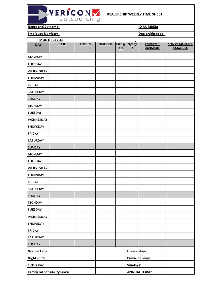 Dealership Weekly Time Sheet Template | PDF