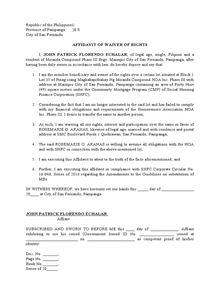Affidavit of Waiver of Rights | PDF