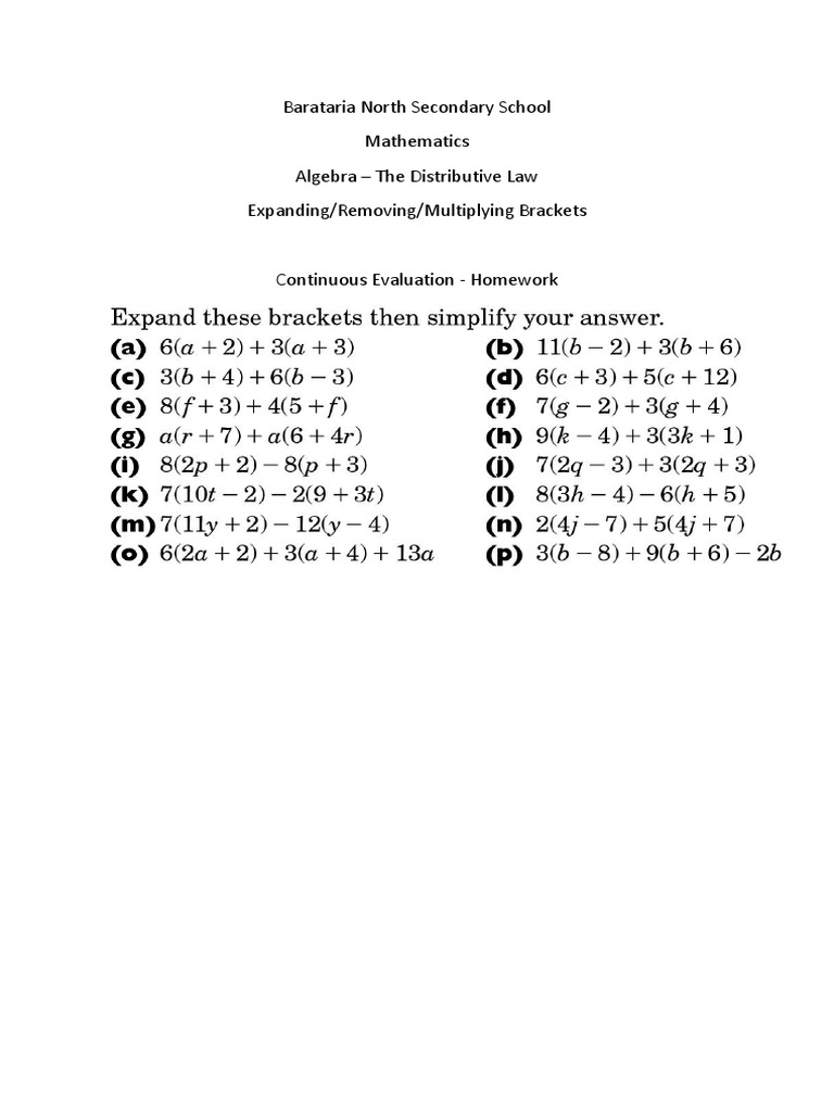 Algebra The Distributive Law Expanding Brackets 2 | PDF