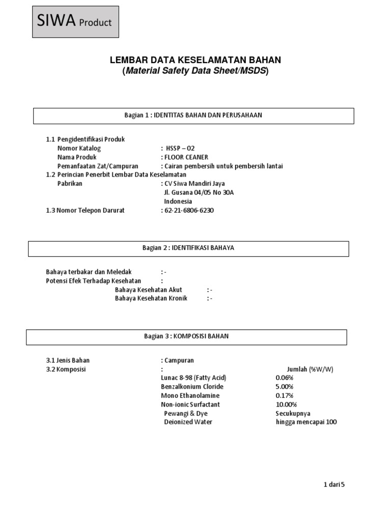 MSDS Siwa Product Floor Cleaner PDF