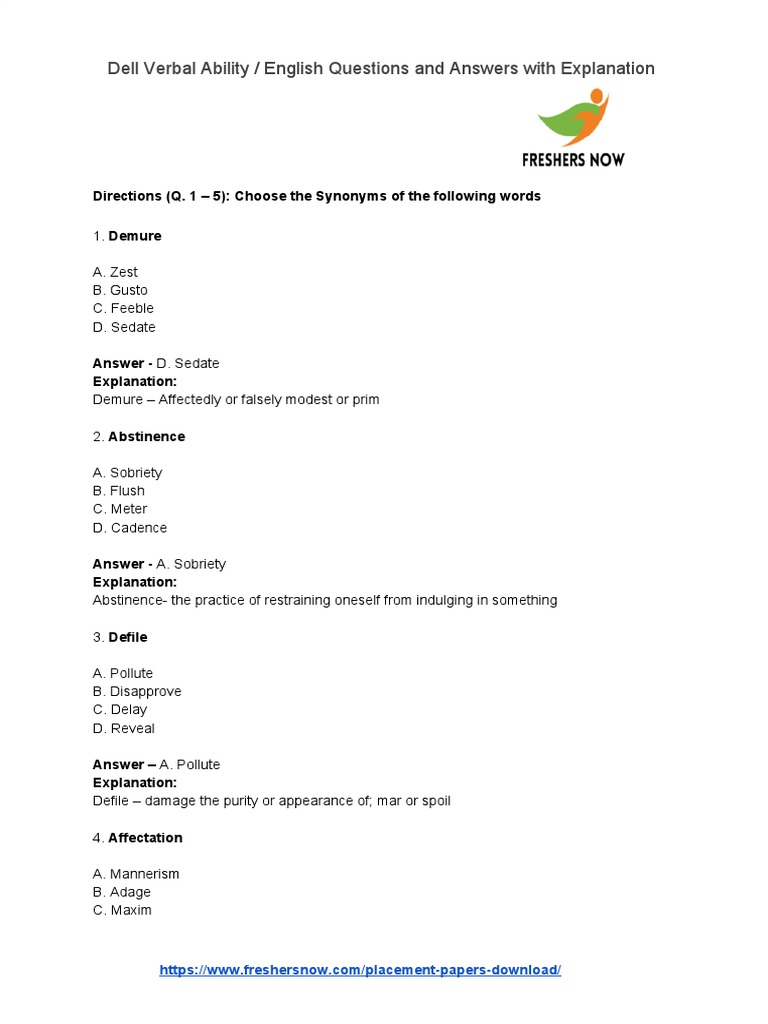 Dell English Questions Synonyms Antonyms Grammar PDF Psychology