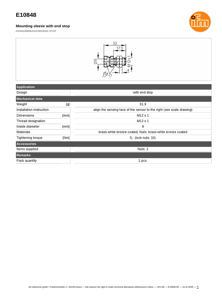 Mounting Sleeve With End Stop: Application Mechanical Data | PDF