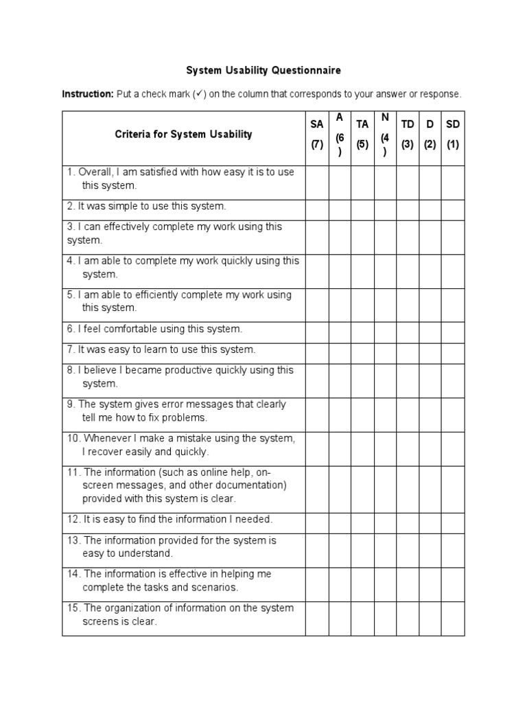 System Usability Questionnaire Template | PDF