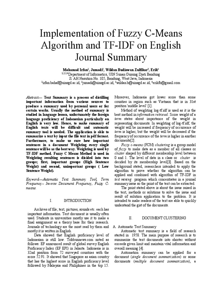Fuzzy C-Means and TF-IDF for Text Summarization | PDF | Cluster ...