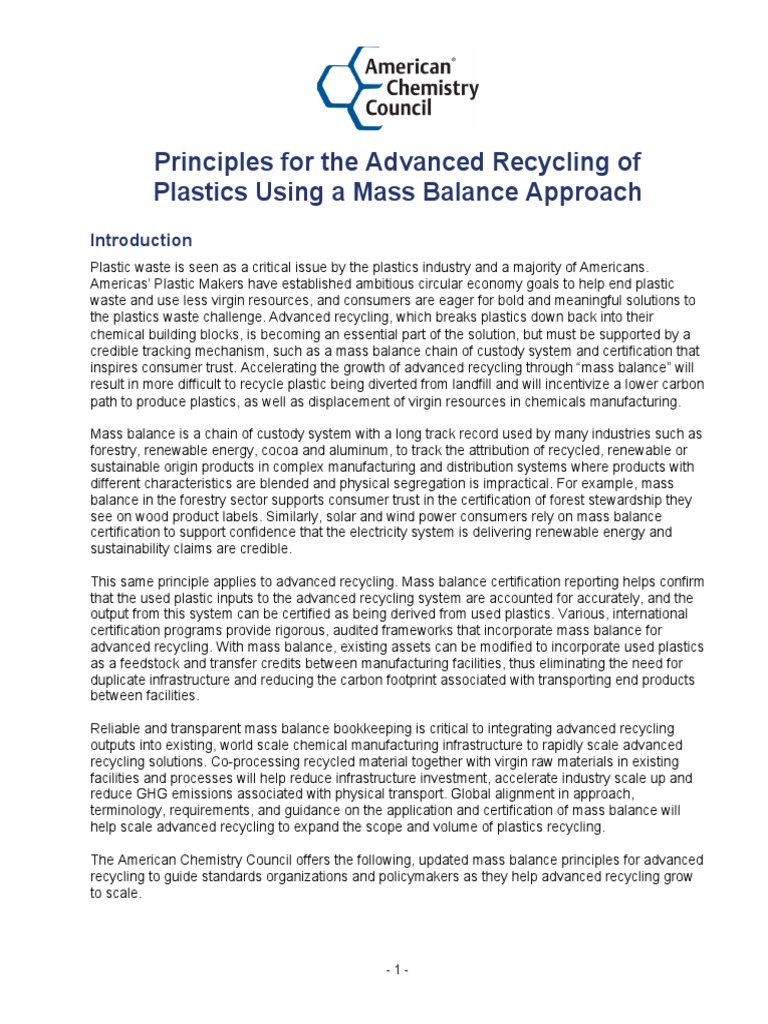 Principles For The Advanced Recycling of Plastics Using A Mass Balance