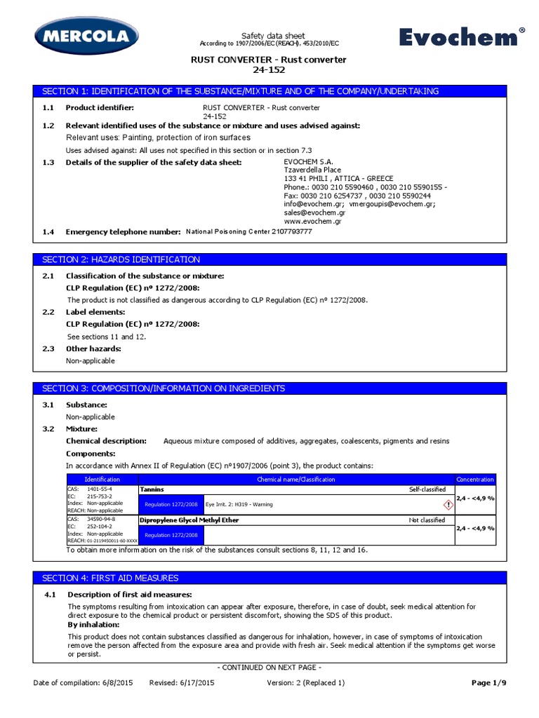 MSDS Rust Converter 2016 en PDF Firefighting Toxicity