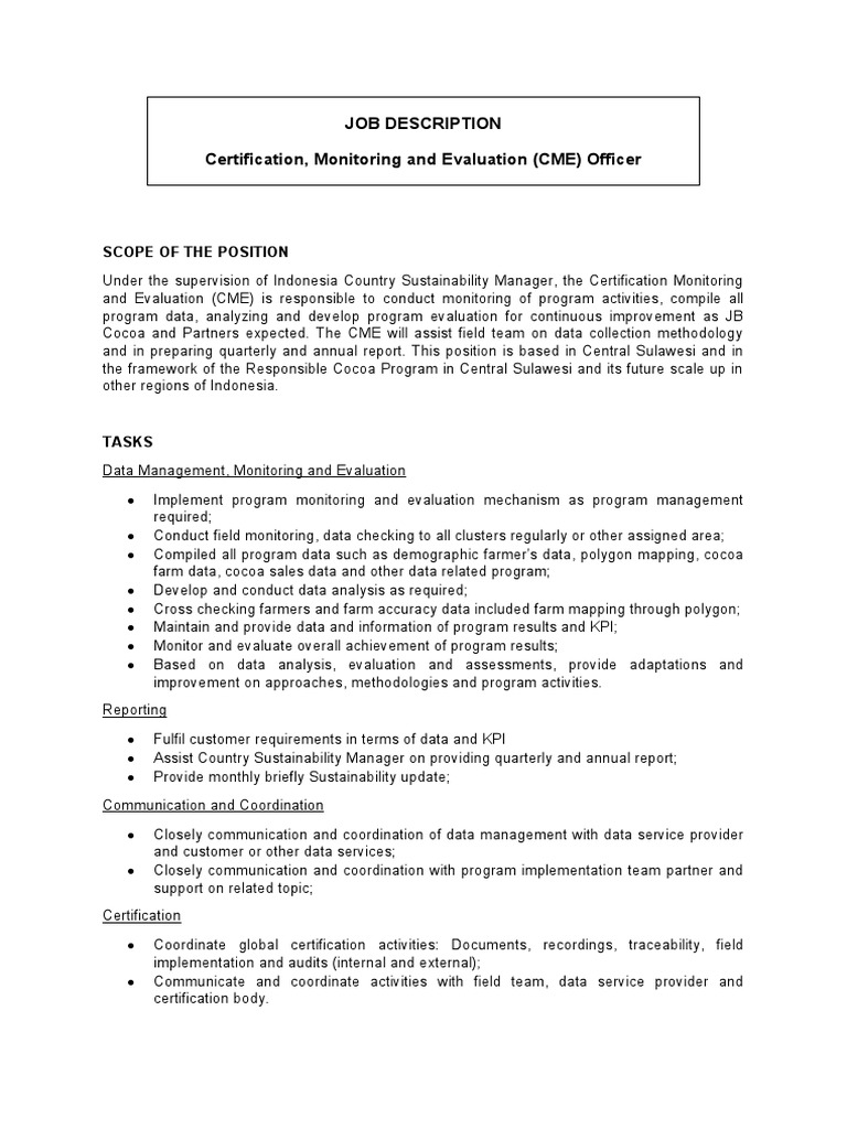 Certification Monitoring and Evaluation JOB DESCRIPTION PDF Business