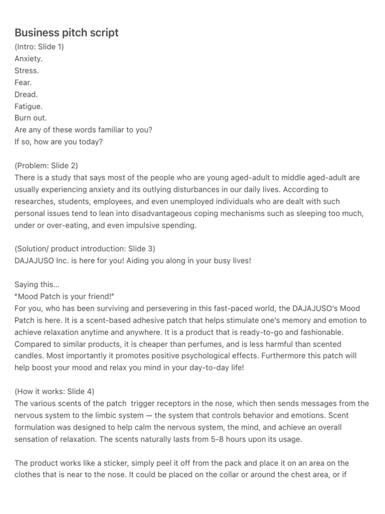 Business Pitch Script PDF Odor Relaxation (Psychology)