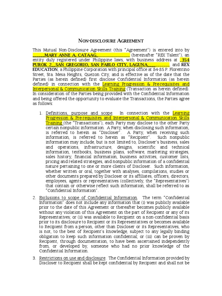 Mutual Non-Disclosure Agreement Template | PDF | Confidentiality ...