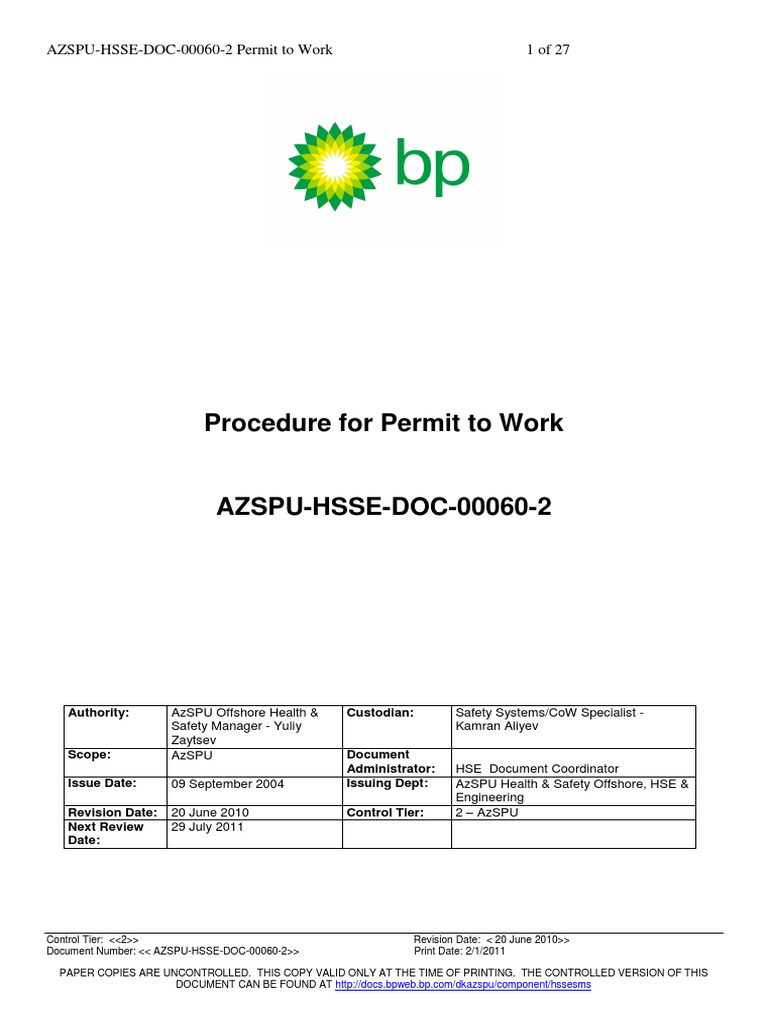 Permit to Work Procedure Guide | PDF | Occupational Safety And Health ...