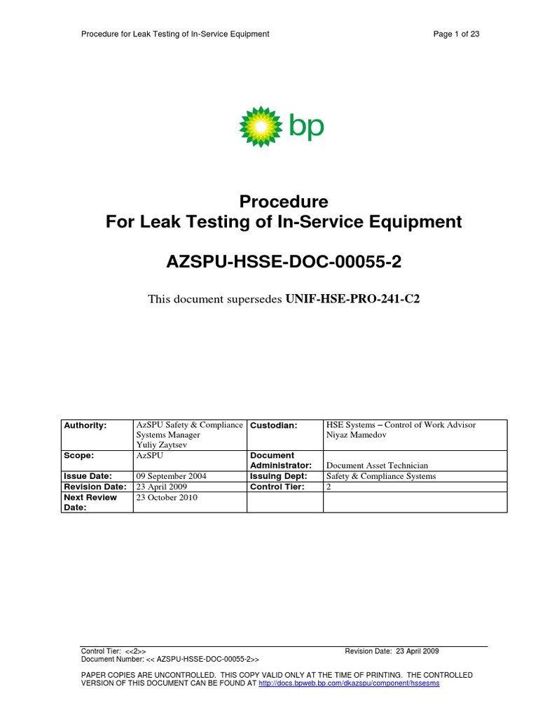 In-Service Equipment Leak Testing Procedure | PDF | Leak | Pump
