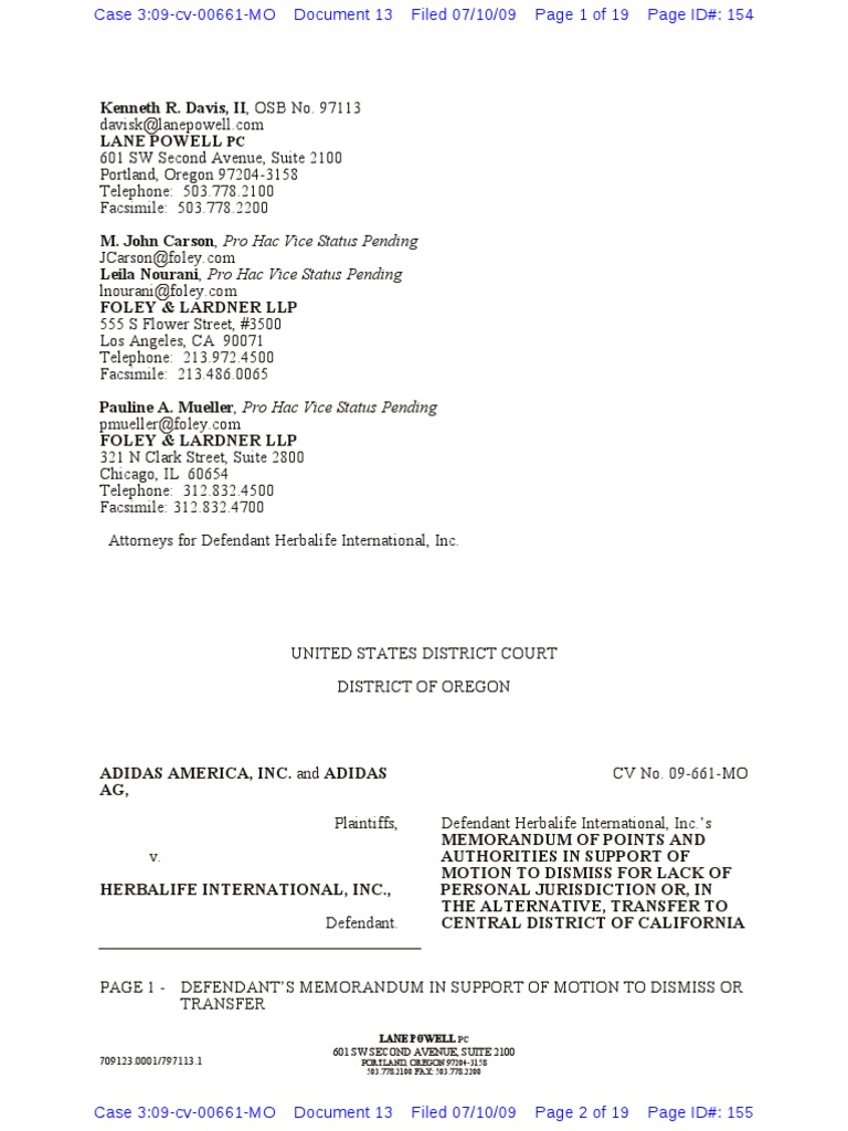 Herbalife Motion To Dismiss Lack of Personal Jurisdiction PDF