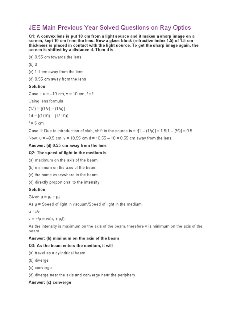 JEE Main Ray Optics Solved Questions | PDF | Angular Resolution | Light