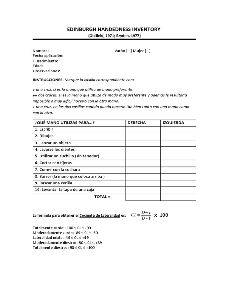 Edinburgh Handedness Inventory Ehi Pdf