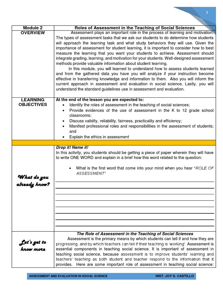 Roles of Assessment in Social Sciences | PDF | Educational Assessment ...