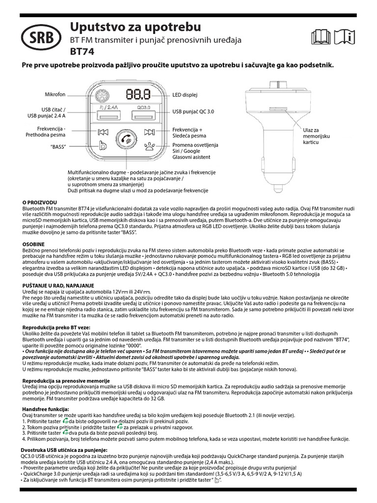 BT FM Transmiter I Punjač Prenosivnih Uređaja | PDF