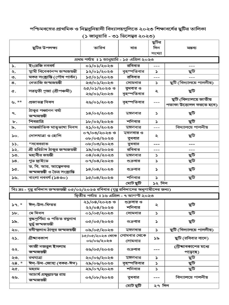 WBBSE Holiday List 2023 PDF
