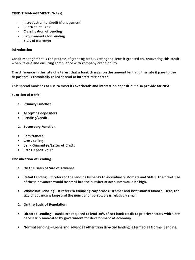Credit Management Notes Pdf Loans Banks