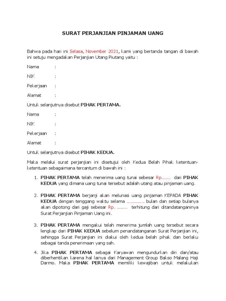 Contoh Surat Perjanjian Pinjaman Uang | PDF | Bisnis | Hukum
