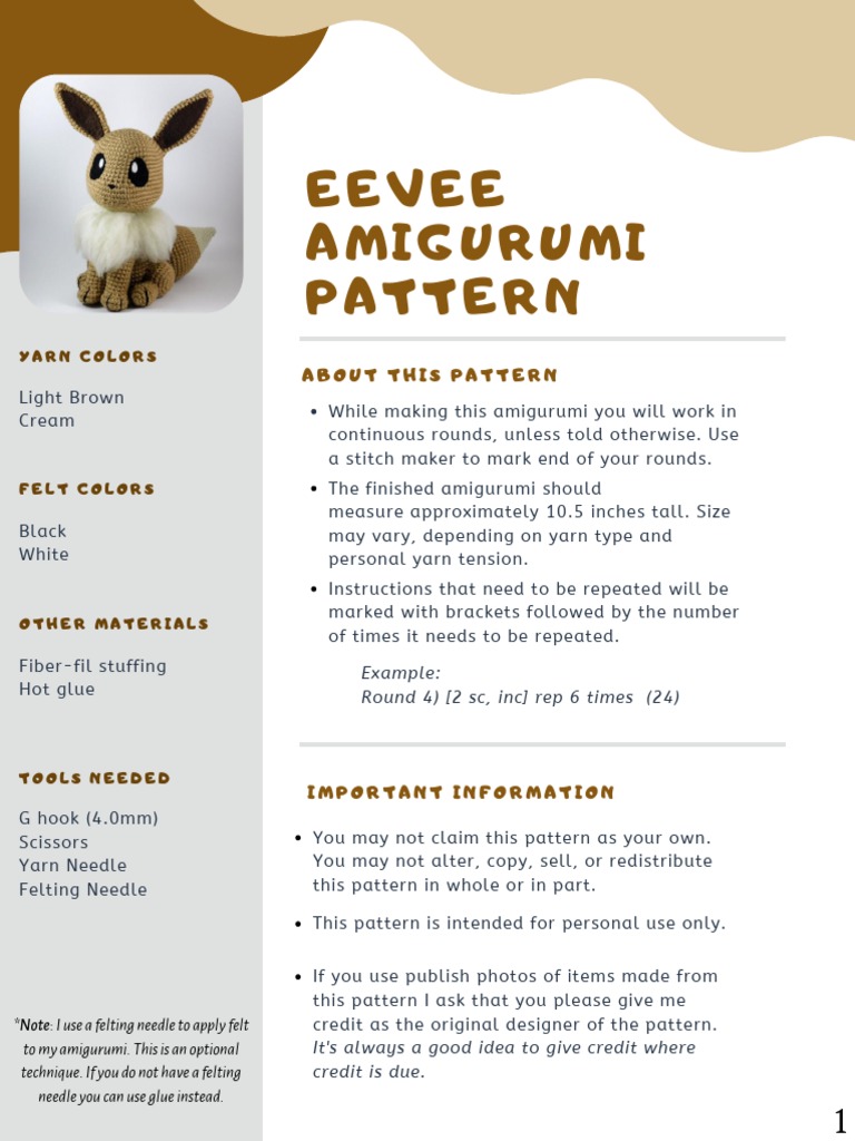 Free Eevee Amigurumi Crochet Pattern | PDF | Amigurumi | Yarn