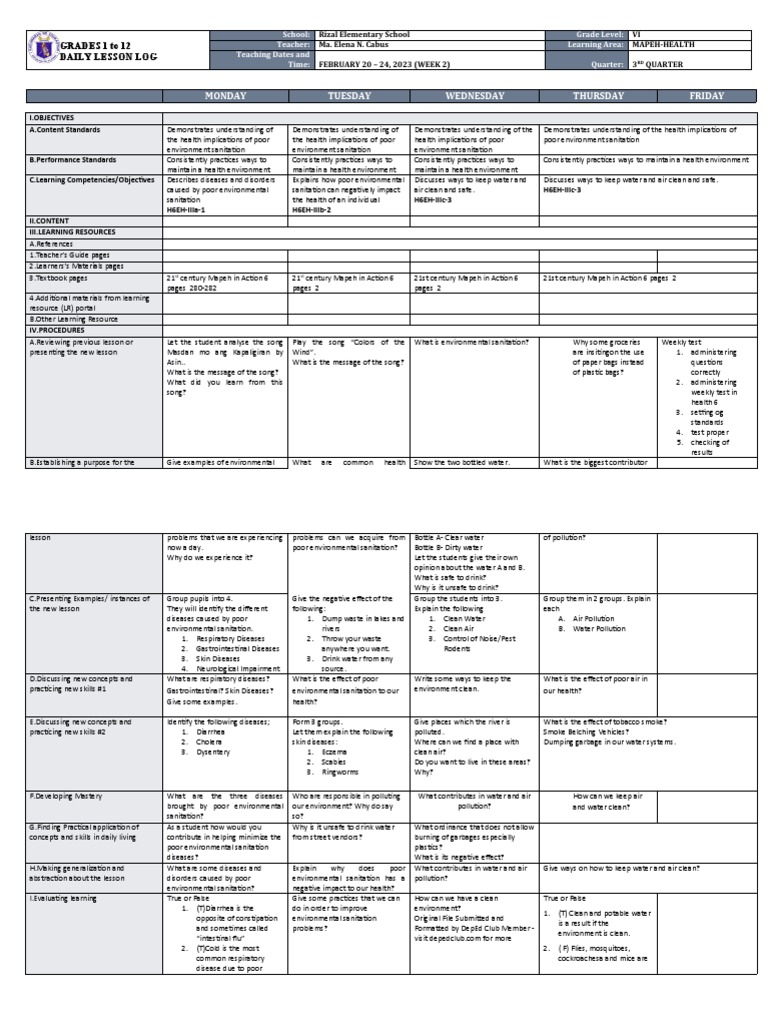 Health and Environmental Sanitation Lesson Plan | PDF | Sanitation | Water