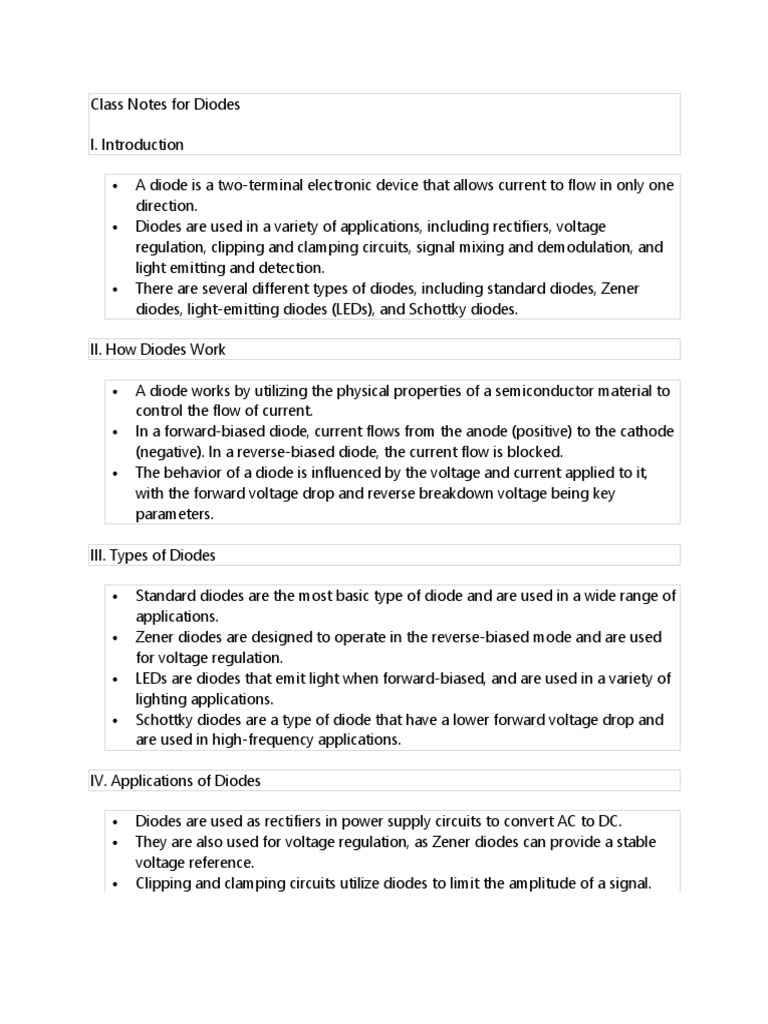 Class Notes For DIodes PDF Diode PN Junction