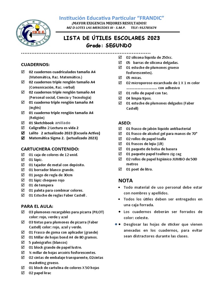 Lista de Útiles Escolares 2023 - Segundo Grado | PDF
