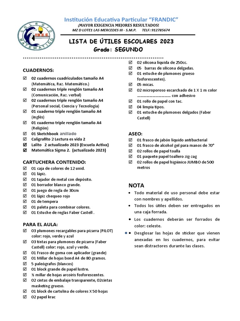 Lista de Segundo Grado Nuevo 20233 | PDF | Materiales de Conservación y ...