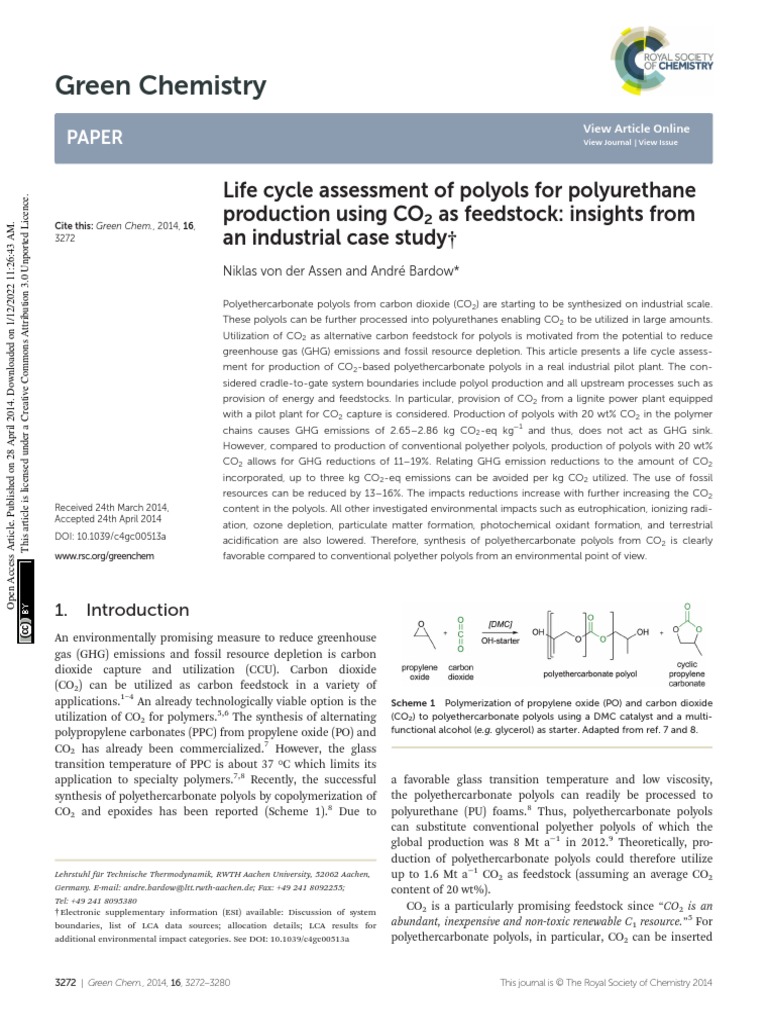 Life Cycle Assessment of Polyols For Polyurethane | PDF | Life Cycle ...