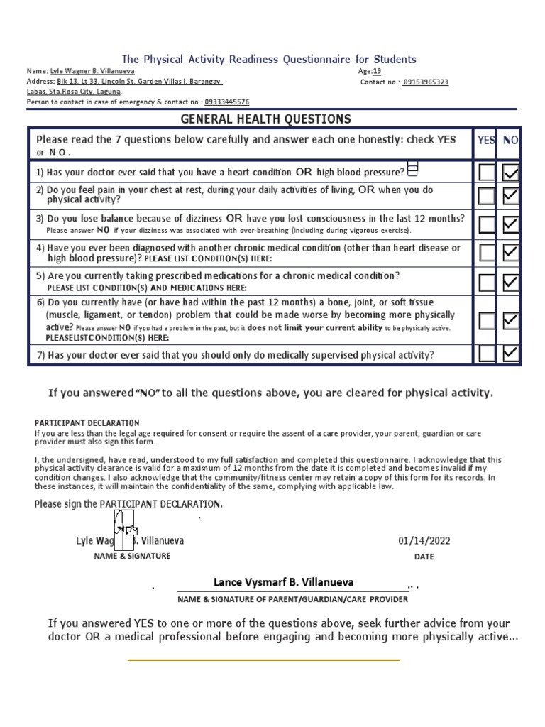 PARQ Form | PDF | Medicine | Clinical Medicine