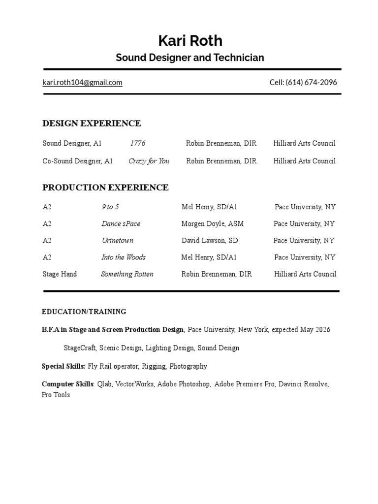 Kari Roth: Sound Designer and Technician | PDF