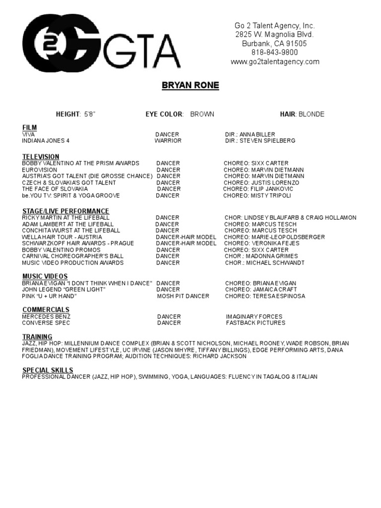 Bryan Rone Gta Resume - PDF | PDF | Performing Arts | Entertainment
