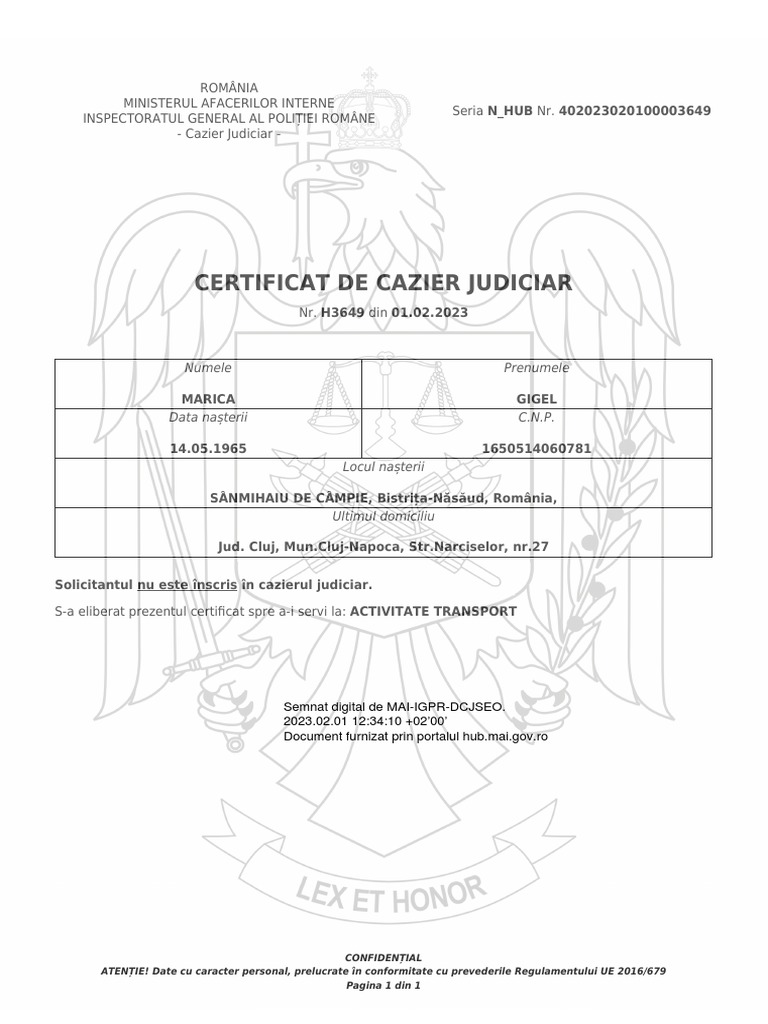 Certificat de Cazier Judiciar | PDF