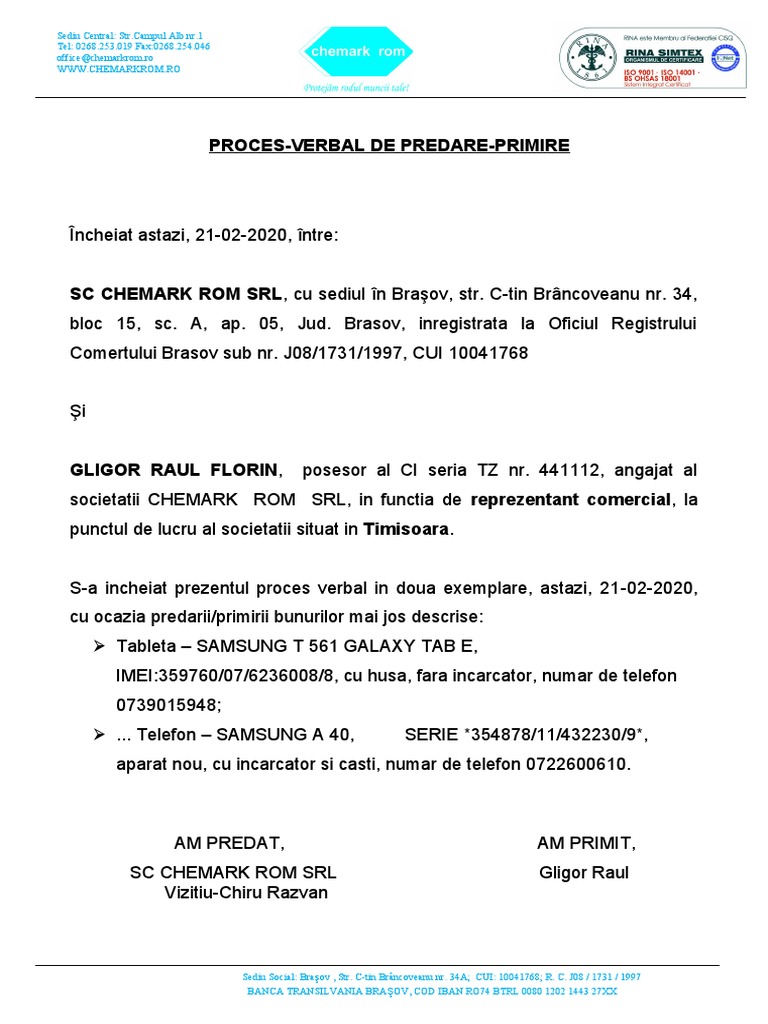 Proces Verbal Predare - Primire | PDF
