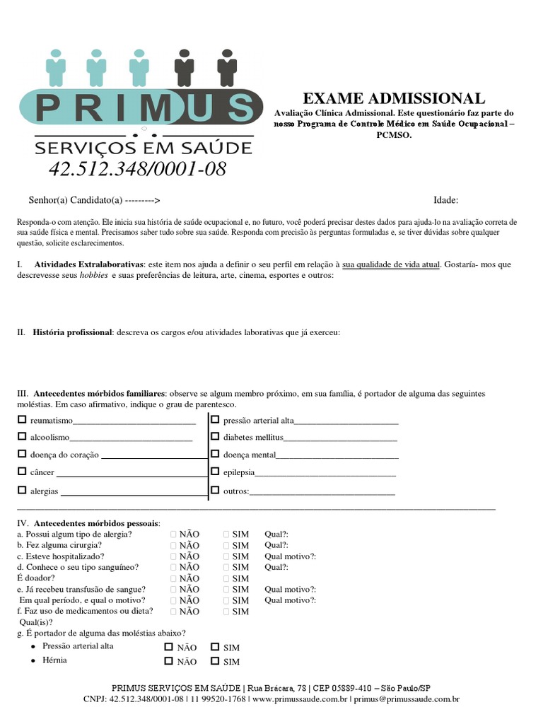 Ficha de Exame Admissional | PDF