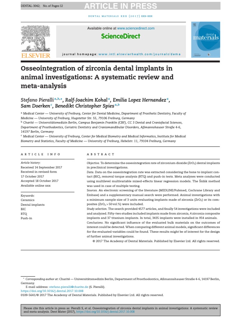 Osseointegration of Zirconia Dental Implants in Animal Investigations A Systematic Review and