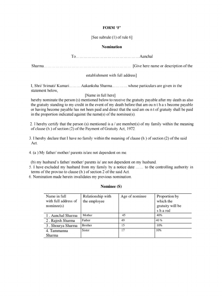 Gratuity Form F Nomination' PDF