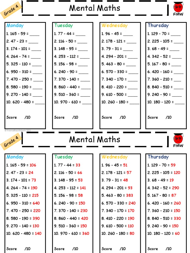 Grade 4 Mental Maths Subtraction Worksheet 1 | PDF