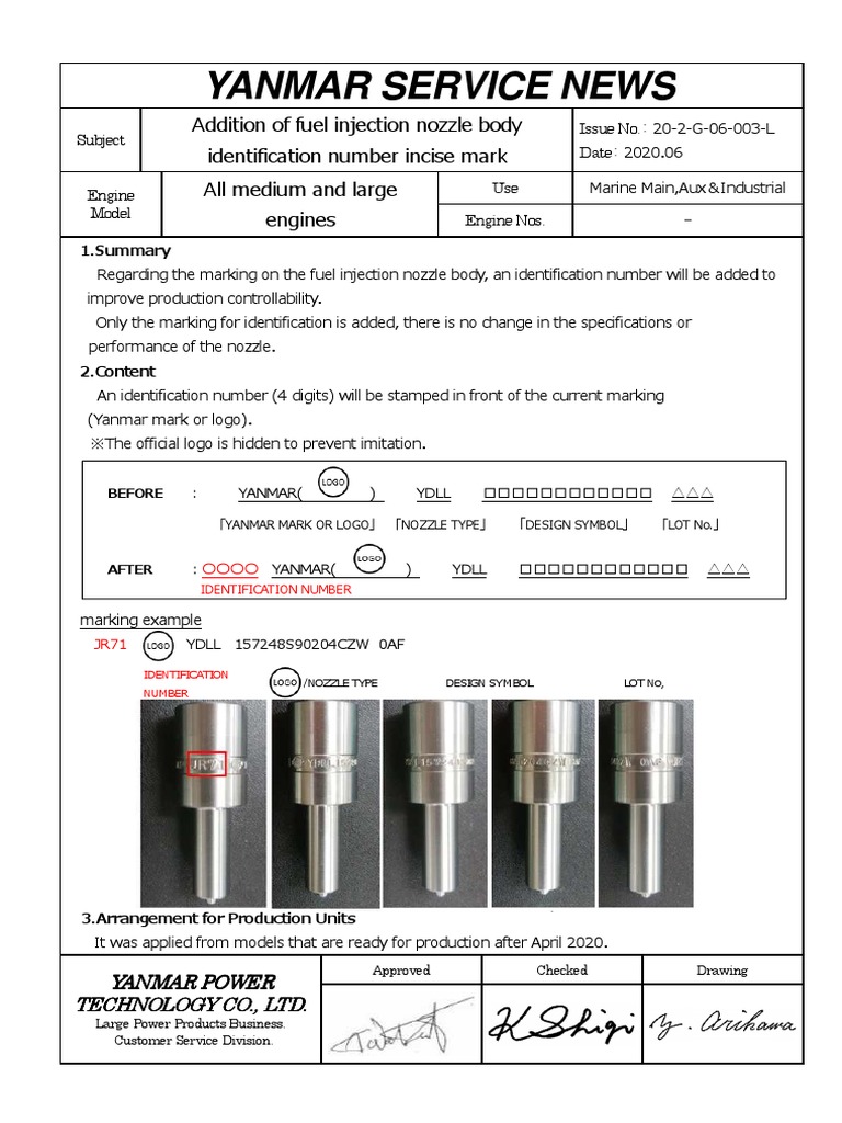20-003E - Addition of Fuel Injection Nozzle Body Identification Number ...