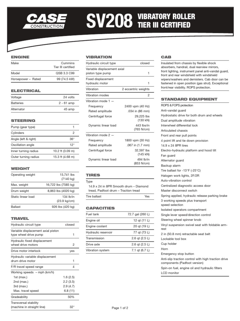 SV208 Tier III Hoja de Especificaciones CCE9260806 | PDF