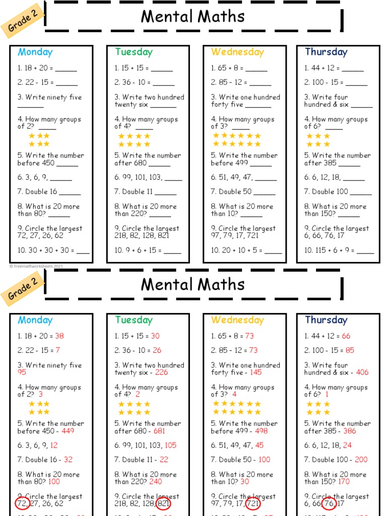 Grade 2 Mental Maths Worksheet 2 | PDF